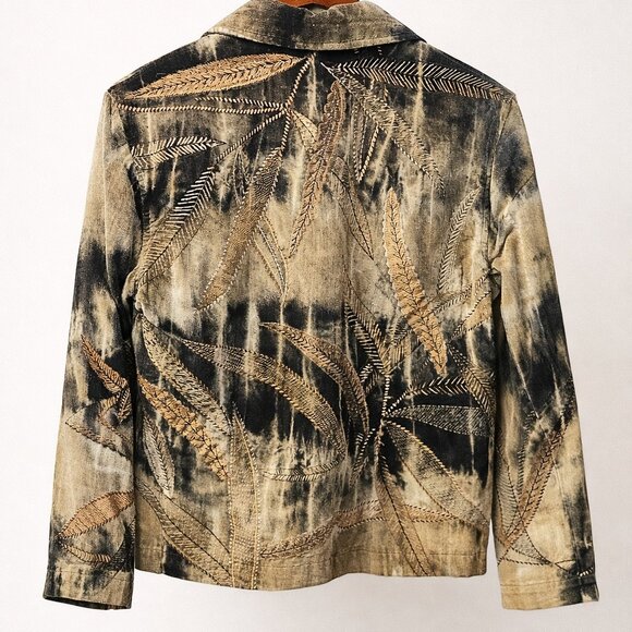Chicos Design Women's Embroidered Leaf Tie Dye Cotton Jacket Brown Tan Size M - Picture 2 of 5